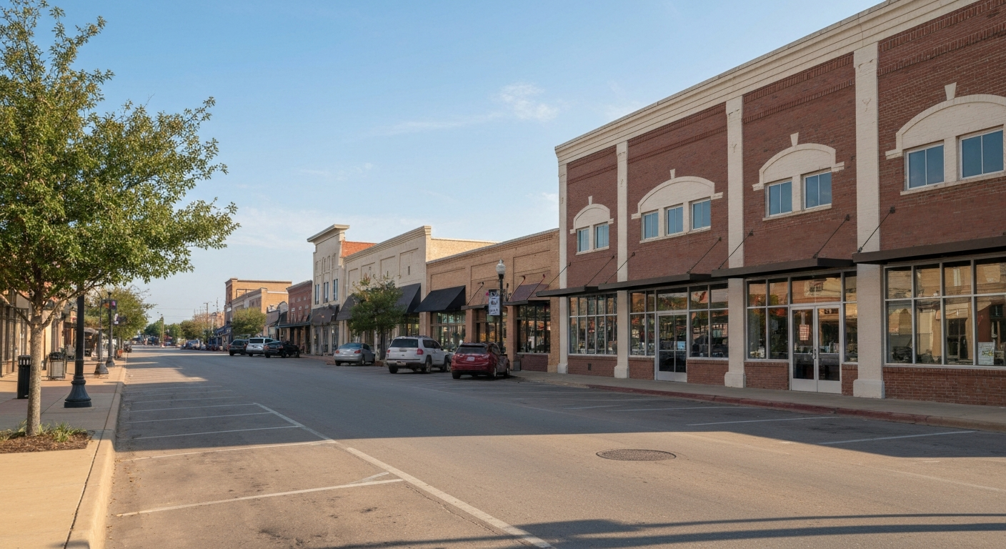 Broken Arrow Rose District main street showing the small business retail and dining destination in Oklahoma's fastest-growing large city