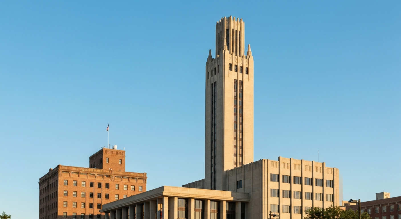 Frank Lloyd Wright Price Tower rising above downtown Bartlesville Oklahoma, the city's architectural landmark