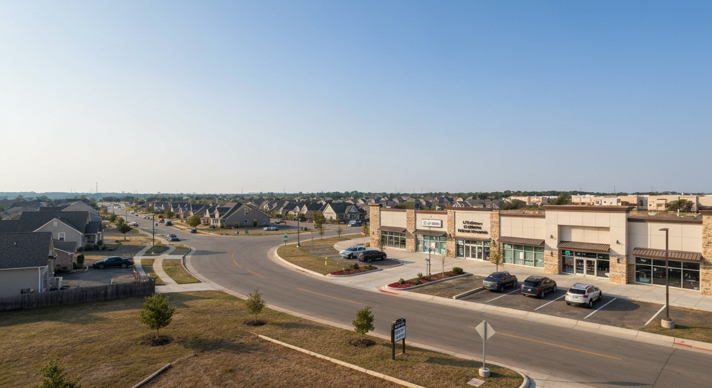 New commercial development along a Bixby Oklahoma retail corridor with residential neighborhoods nearby