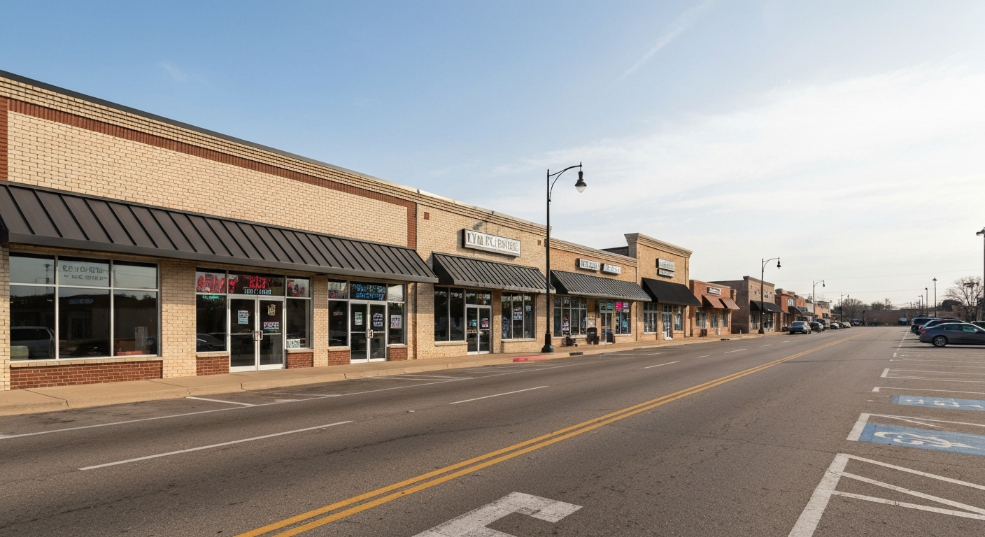 Commercial strip along a main road in Del City Oklahoma with local small businesses