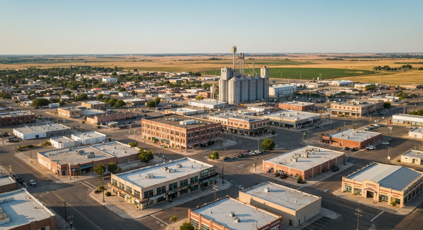 Aerial view of Enid Oklahoma showing downtown commercial district with grain elevators and agricultural land on the horizon