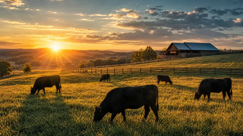 Cattle grazing on rolling pasture with a barn and fence line at sunrise, no text, no people, How to Start a Cattle Ranch or Farm in Oklahoma