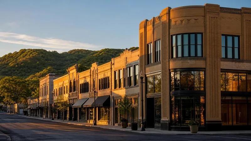 Art deco downtown streets with brick storefronts and green hills behind, warm morning light, Sapulpa Business License
