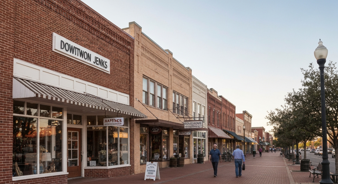 Downtown Jenks Oklahoma Main Street antique district with brick storefronts and pedestrian shoppers