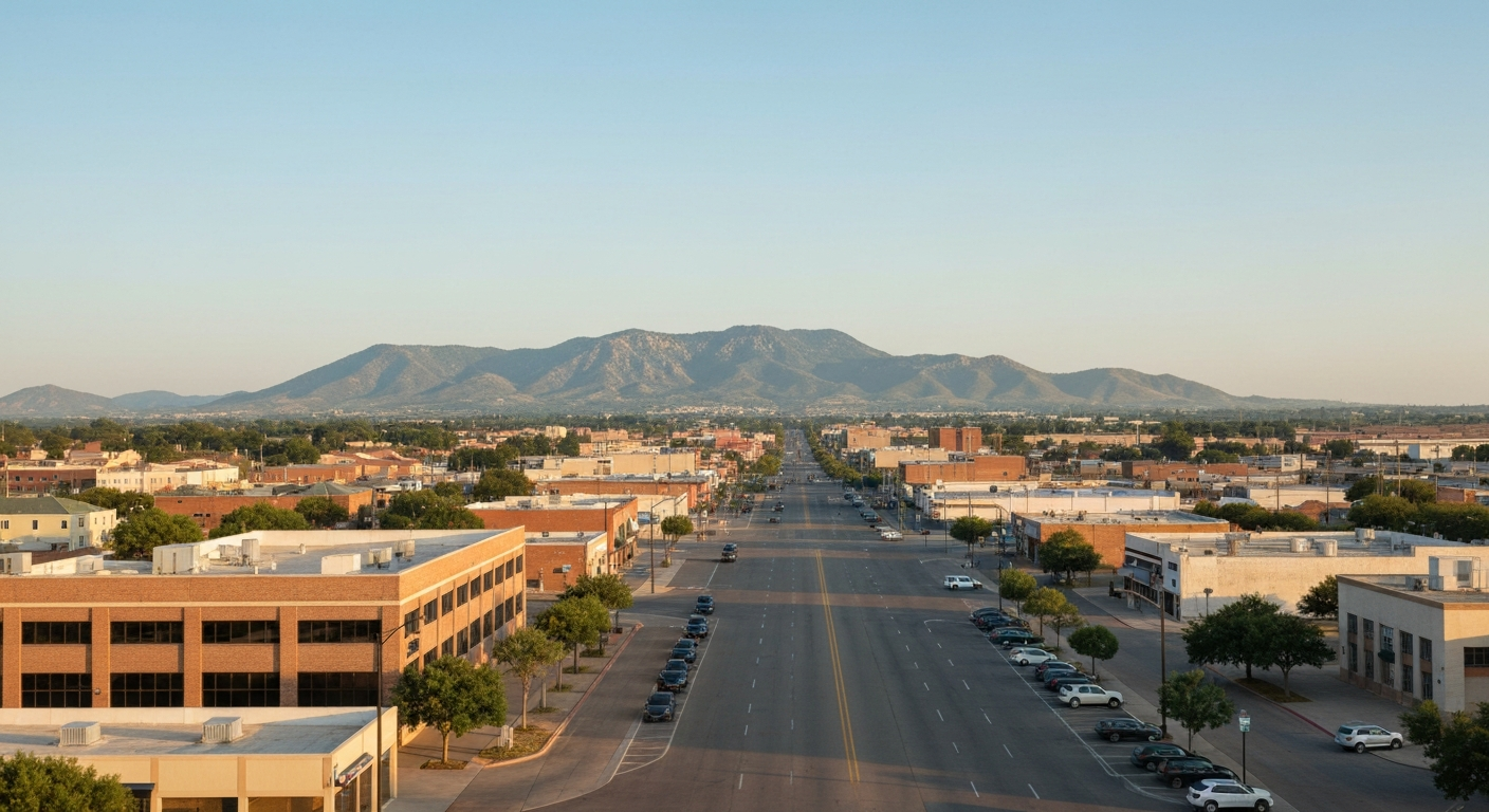 Lawton Oklahoma cityscape showing commercial corridor with Wichita Mountains visible in the distance