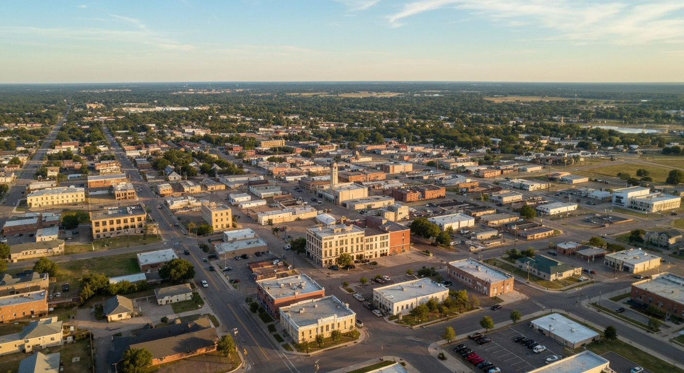 Aerial view of McAlester Oklahoma showing downtown and surrounding southeastern Oklahoma landscape