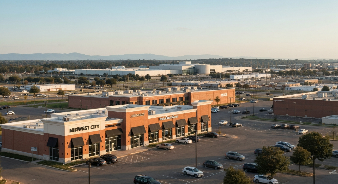 Midwest City Oklahoma commercial district with Tinker Air Force Base in the background