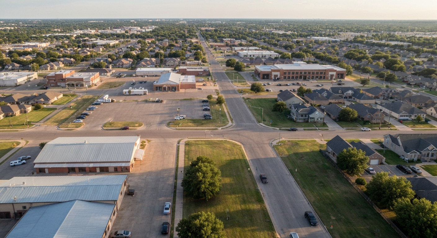 Aerial view of Moore Oklahoma showing commercial corridors and residential neighborhoods