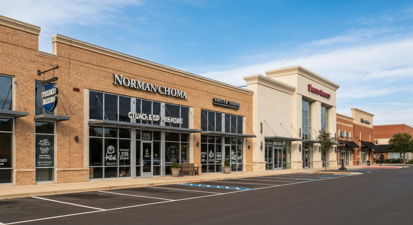Norman Oklahoma commercial district near the University of Oklahoma campus where student-focused small businesses thrive