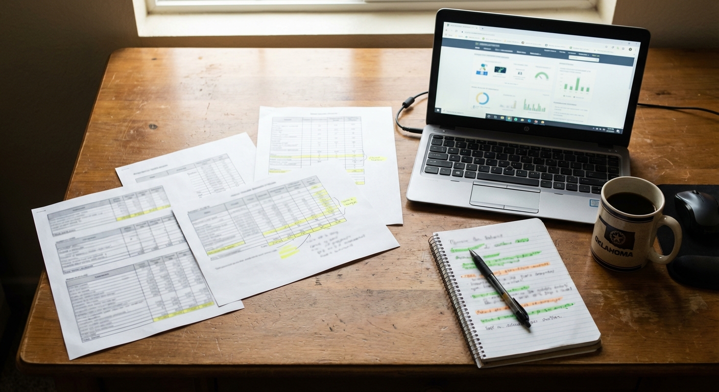 Comparing Oklahoma LLC formation services with pricing notes on a desk