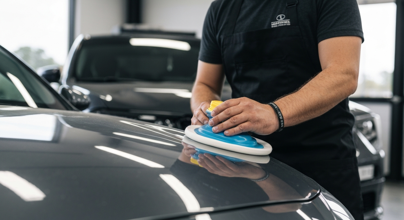 Hand-polishing a car hood during a professional auto detailing session in Oklahoma