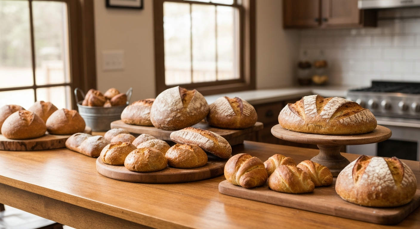 Freshly baked artisan bread and pastries displayed on a wooden table in an Oklahoma home bakery