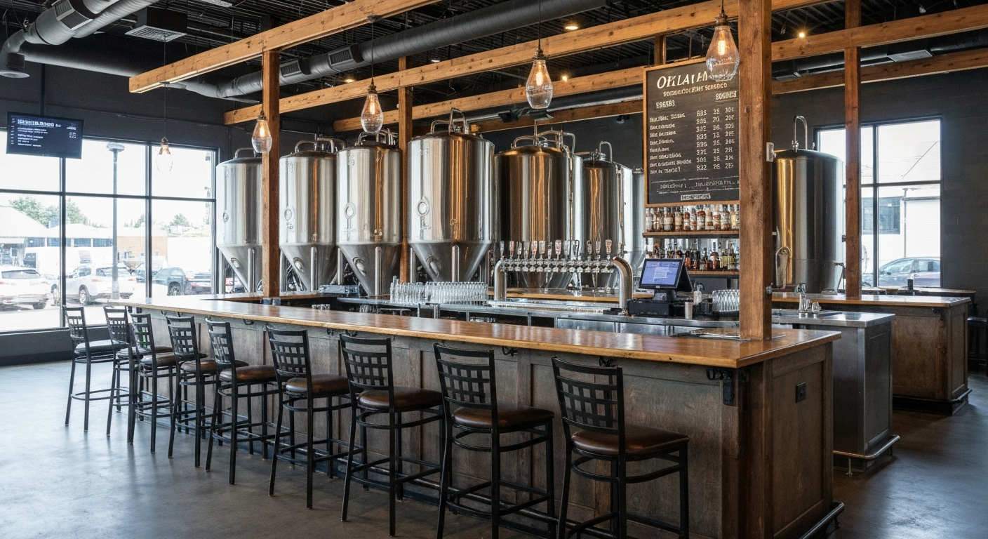Oklahoma craft brewery taproom interior with bar and brewing equipment