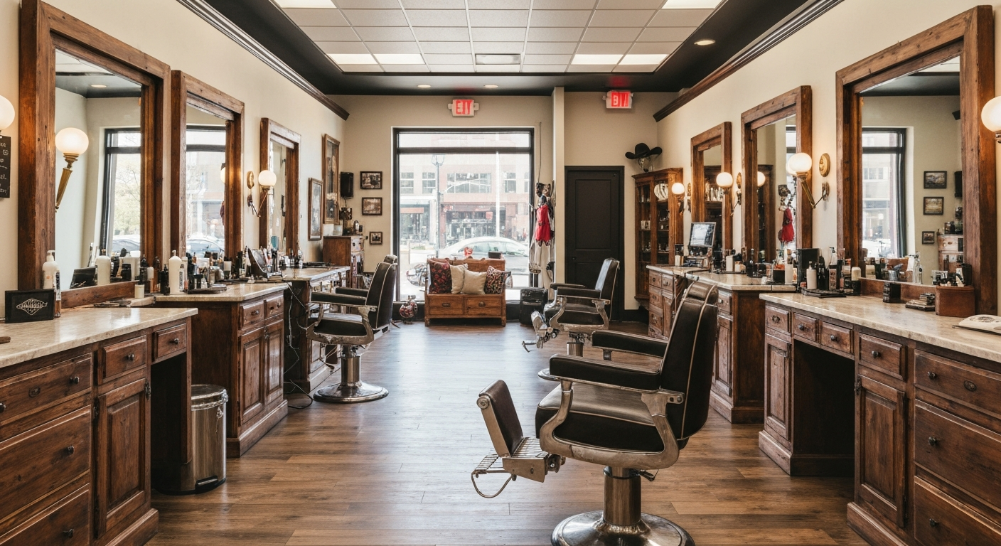 Classic Oklahoma barbershop interior with warm Western touches