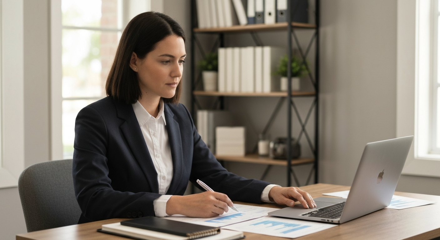 Professional bookkeeper working at a home office desk with laptop and financial documents in Oklahoma