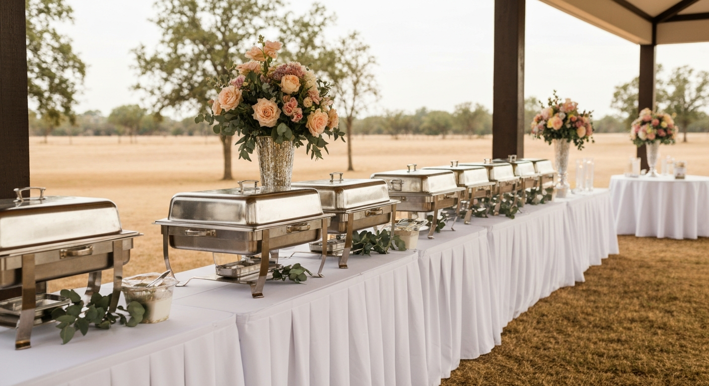 Professional catering setup at an outdoor event in Oklahoma with chafing dishes and elegant table arrangement
