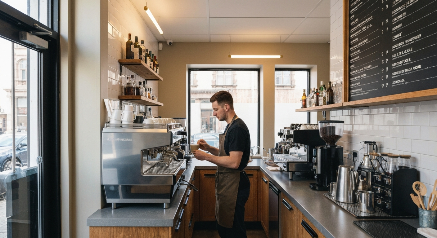 Interior of a cozy independent coffee shop in Oklahoma with barista preparing a latte