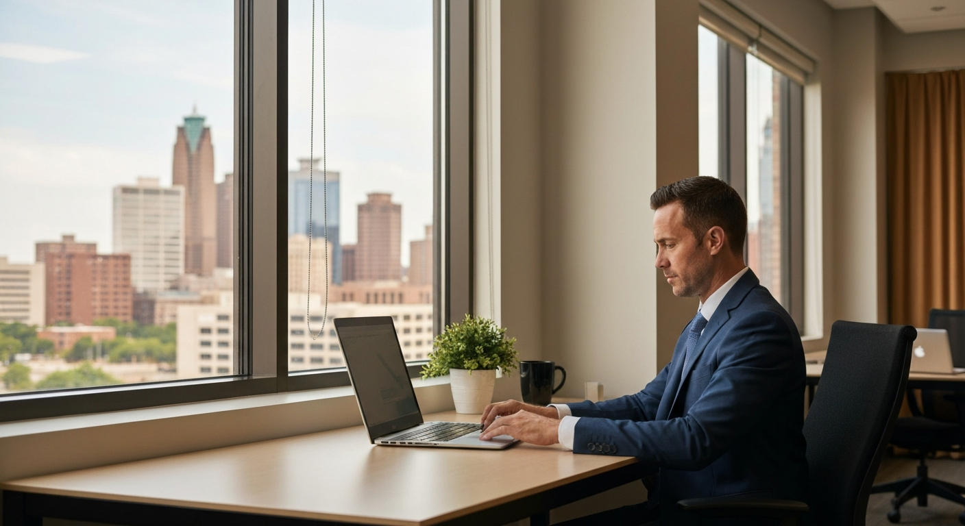 Professional consultant working in a modern Oklahoma City office with downtown skyline visible