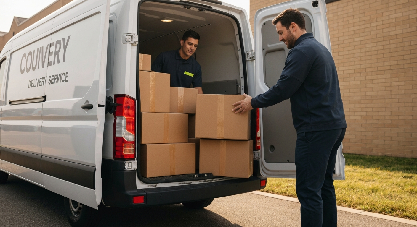 Courier delivery driver loading packages into a cargo van for a delivery service in Oklahoma