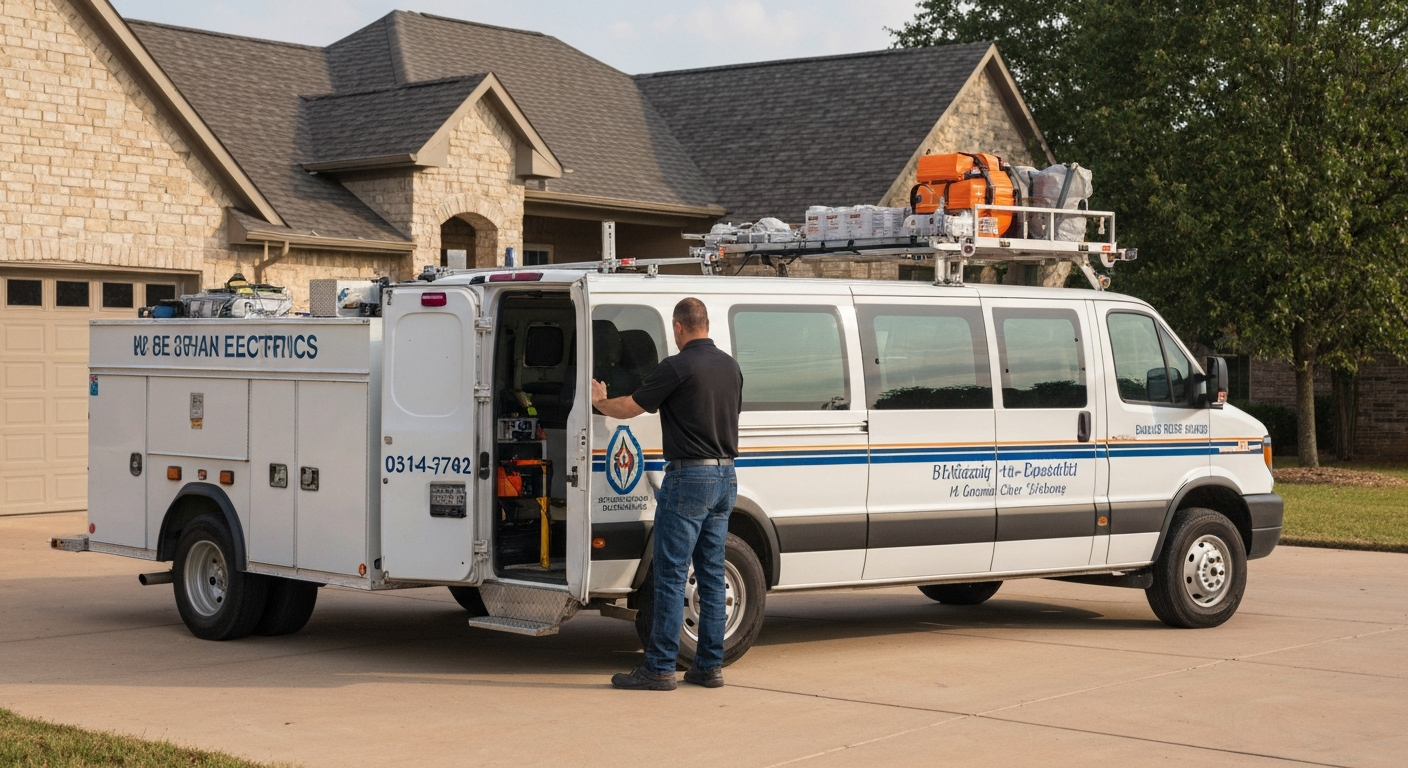 Electrician's service van at an Oklahoma residential home