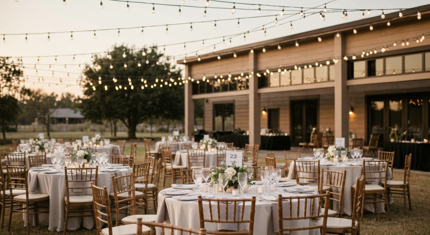 Elegant outdoor wedding reception setup at an Oklahoma venue with string lights and table settings