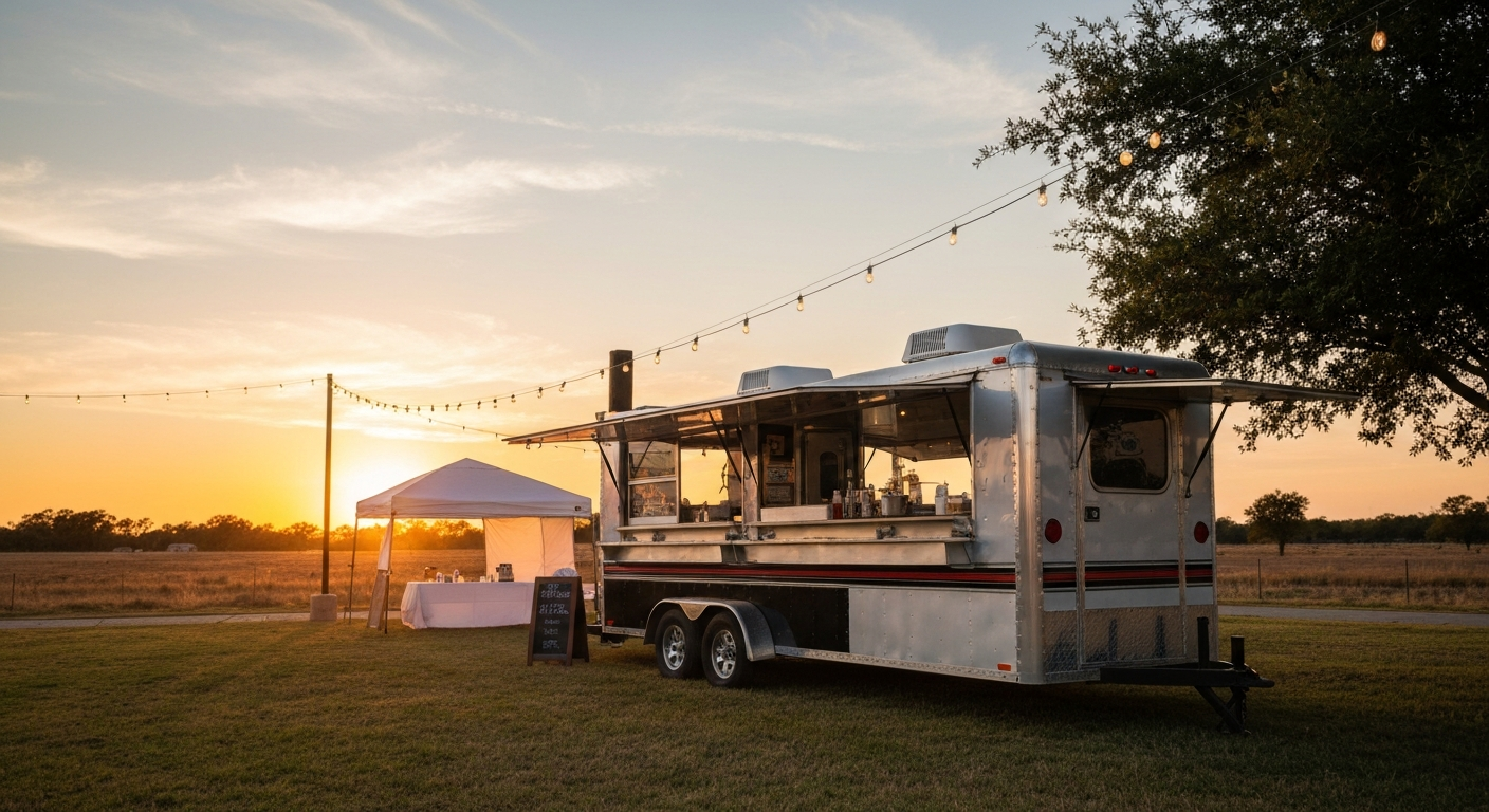 Food trailer at an Oklahoma outdoor event with sunset lighting