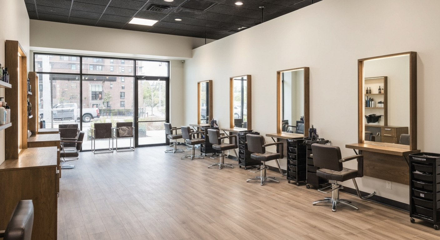 Modern Oklahoma hair salon interior with styling stations