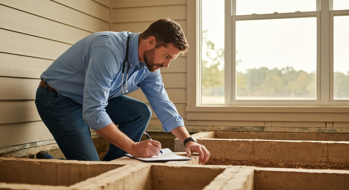 Professional home inspector examining the foundation of an Oklahoma home during an inspection