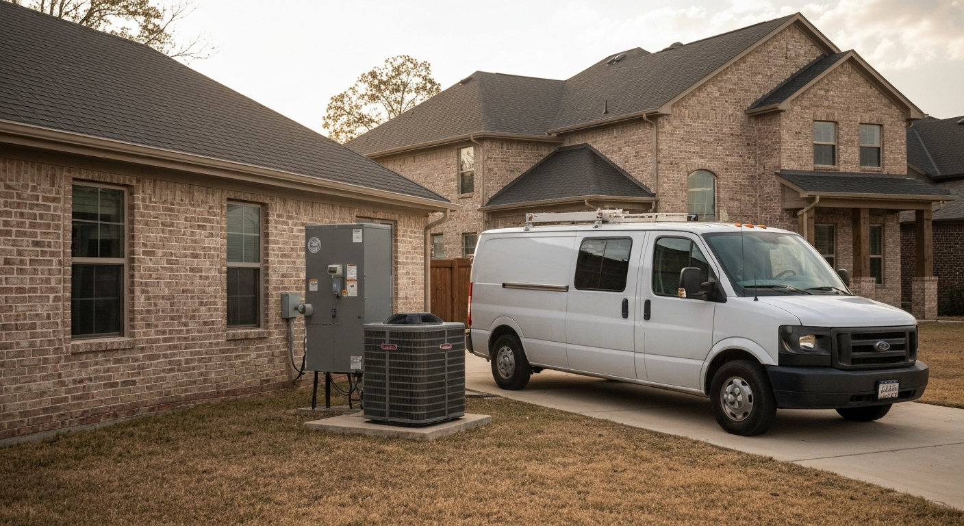 HVAC service van and outdoor unit at an Oklahoma residential home