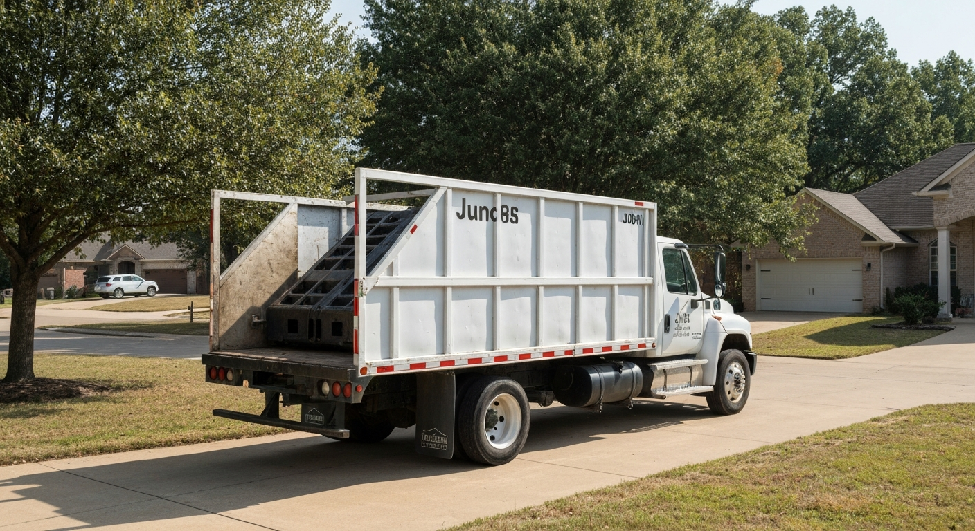 Junk removal truck being loaded in an Oklahoma residential driveway