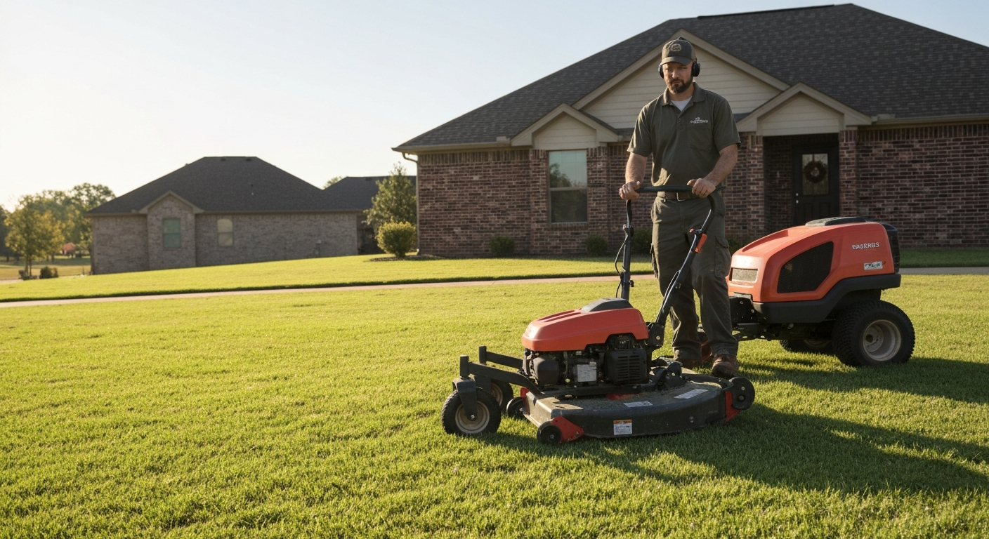 Professional landscaper mowing a residential lawn in Oklahoma with commercial equipment