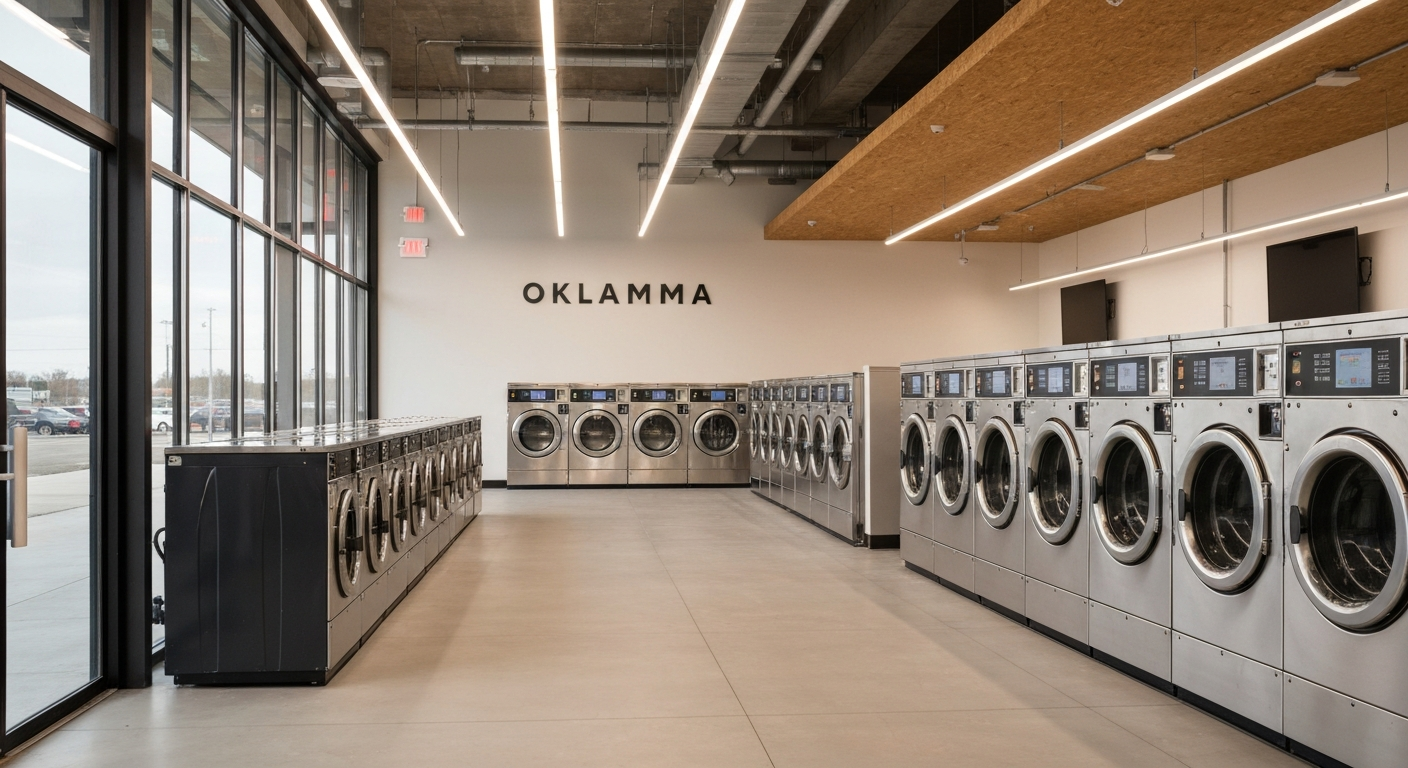 Modern Oklahoma laundromat with rows of commercial equipment