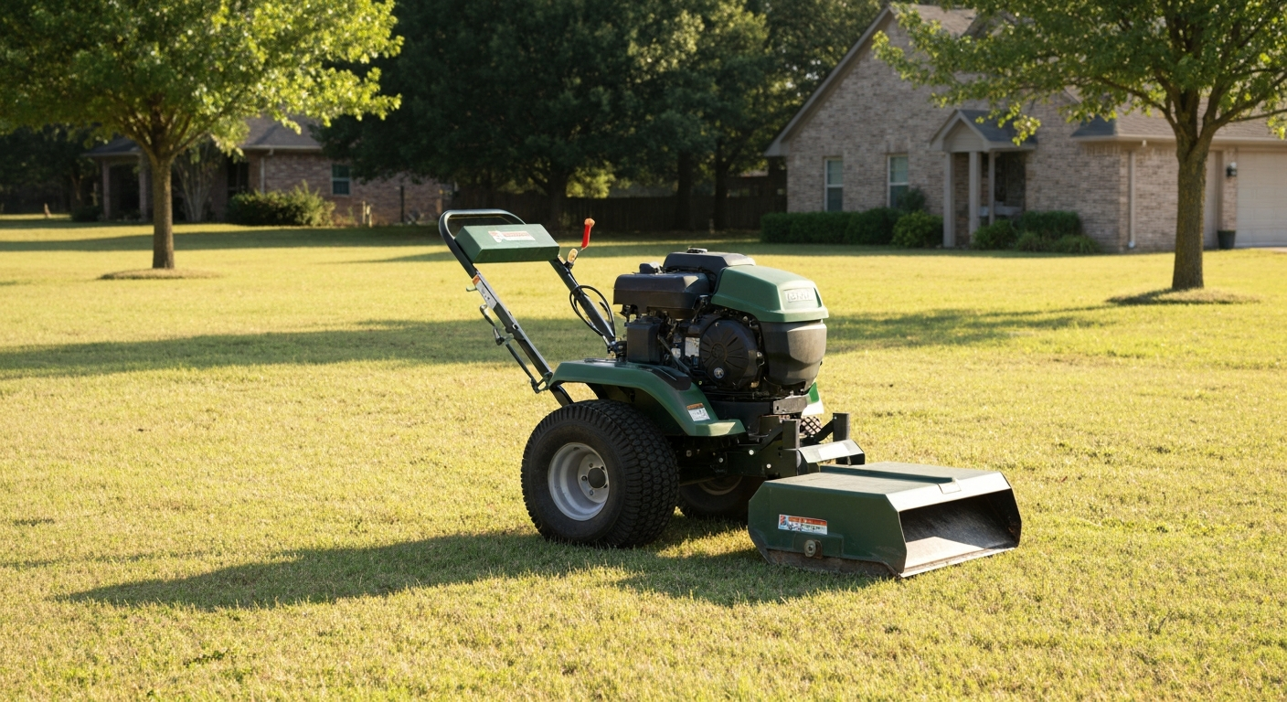 Professional lawn care equipment on an Oklahoma residential lawn