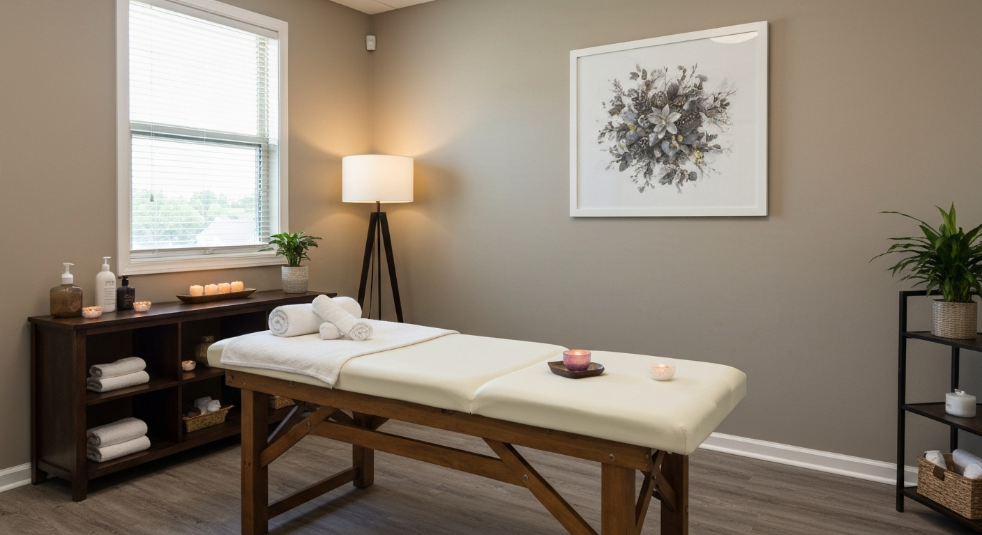Professional massage therapy room in Oklahoma with peaceful decor
