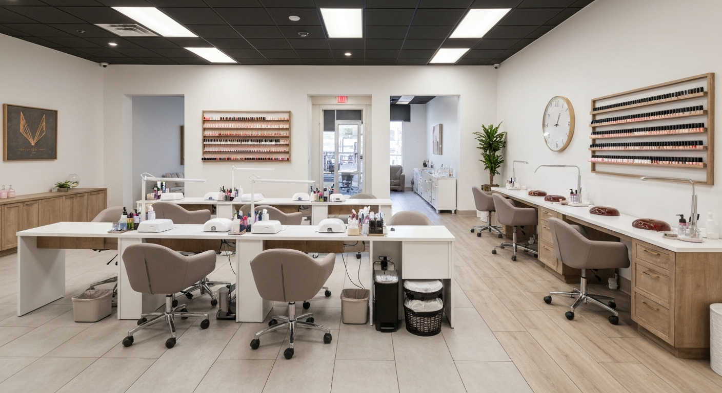 Modern Oklahoma nail salon with manicure stations and clean design