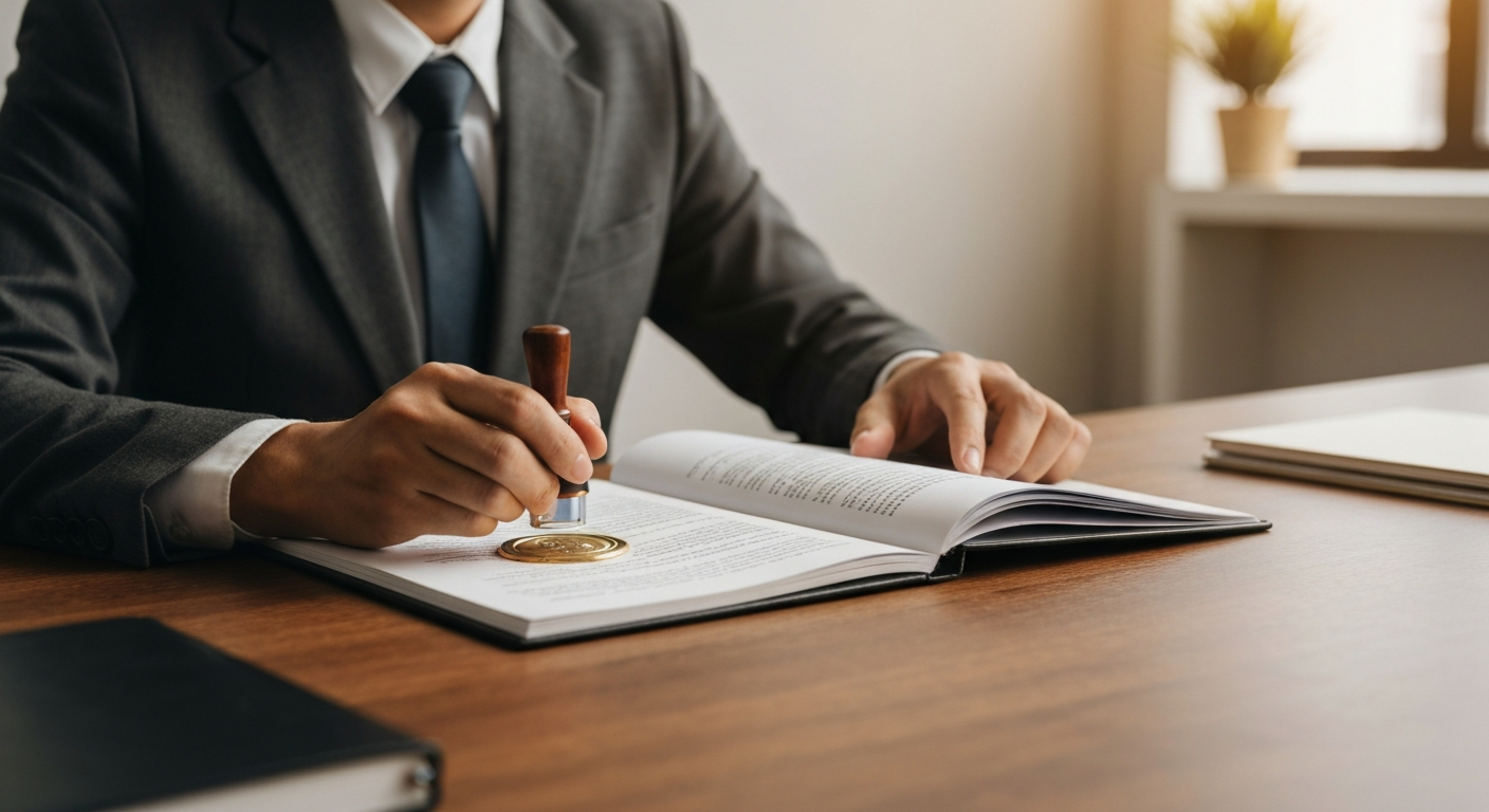 Professional notary public stamping an official document at a desk with notary seal and journal visible