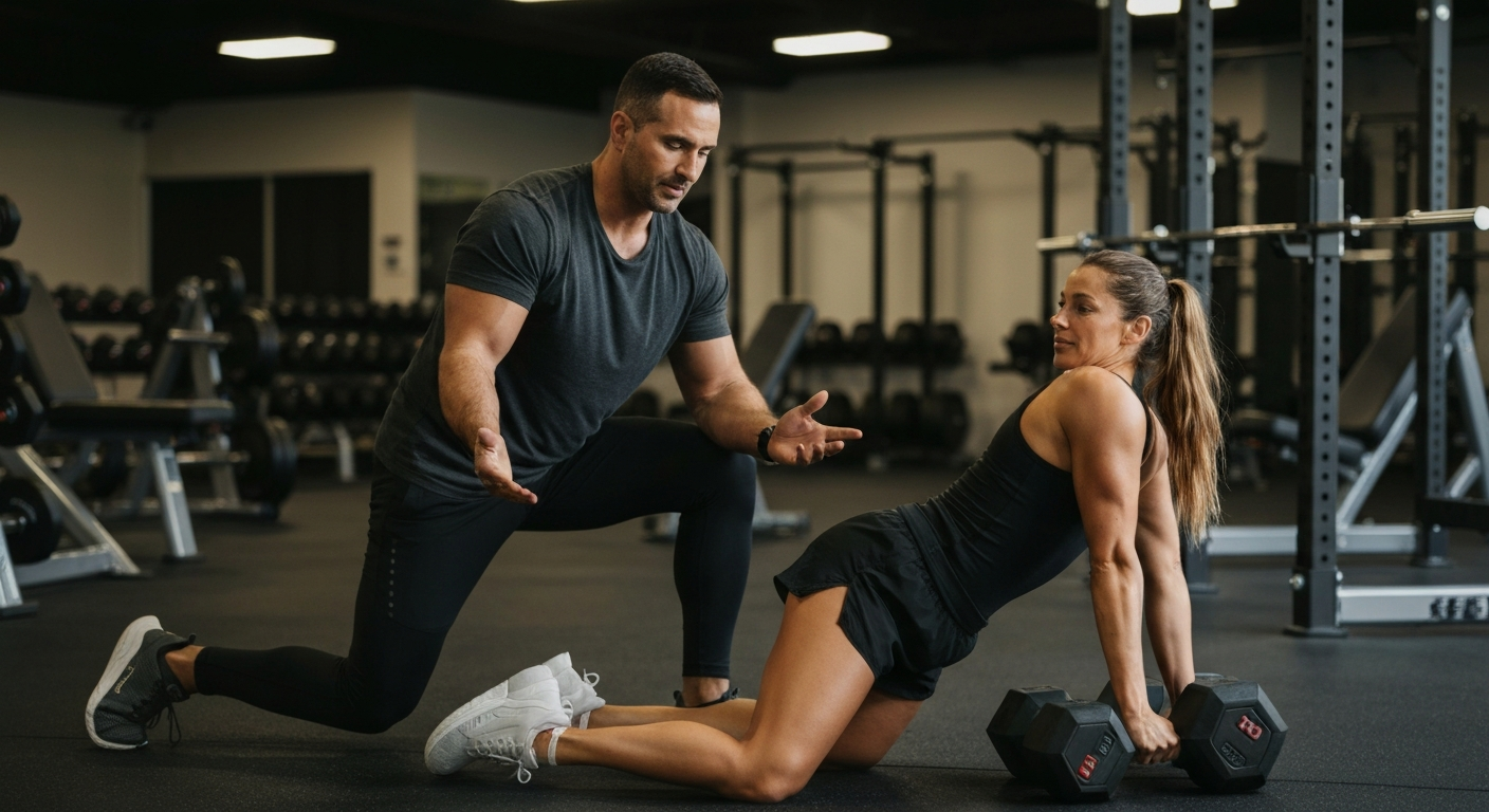 Personal trainer coaching a client through a dumbbell workout in an Oklahoma gym