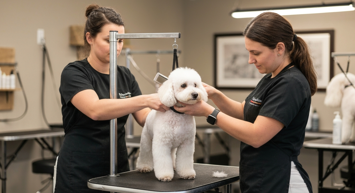 Professional dog groomer trimming a fluffy white dog in an Oklahoma grooming salon