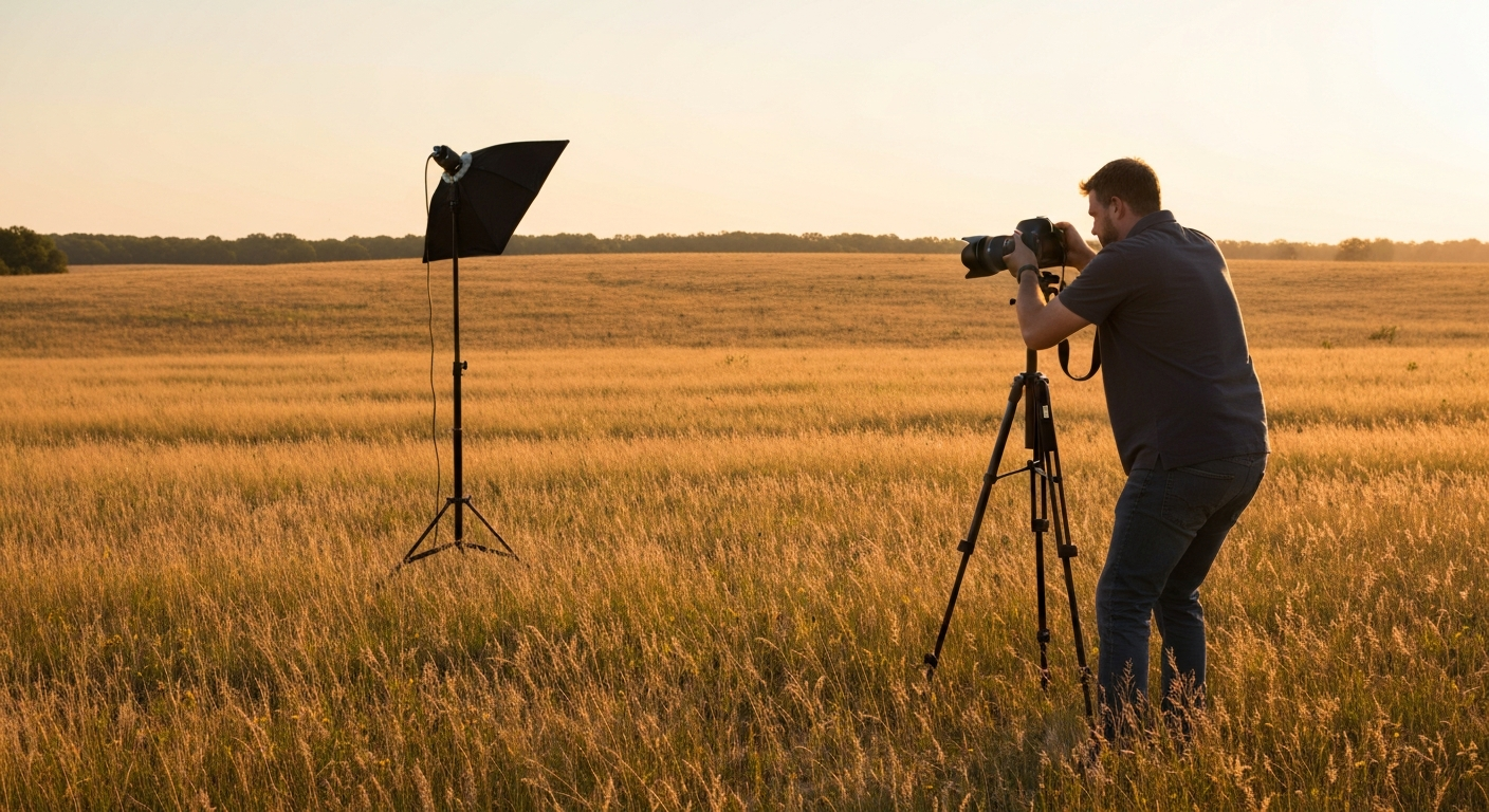 Professional photographer shooting a portrait session in an Oklahoma prairie at golden hour