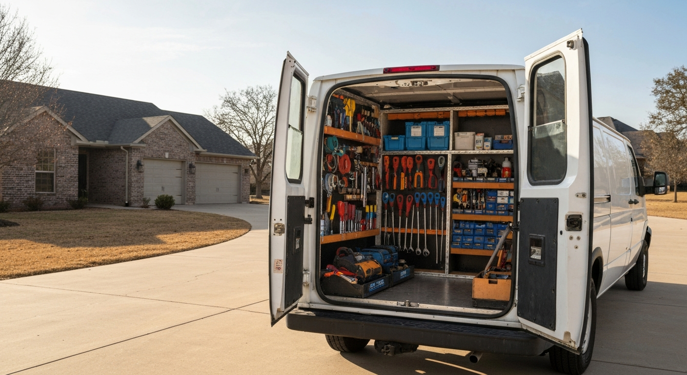 Plumbing service van with organized tools at an Oklahoma residential home