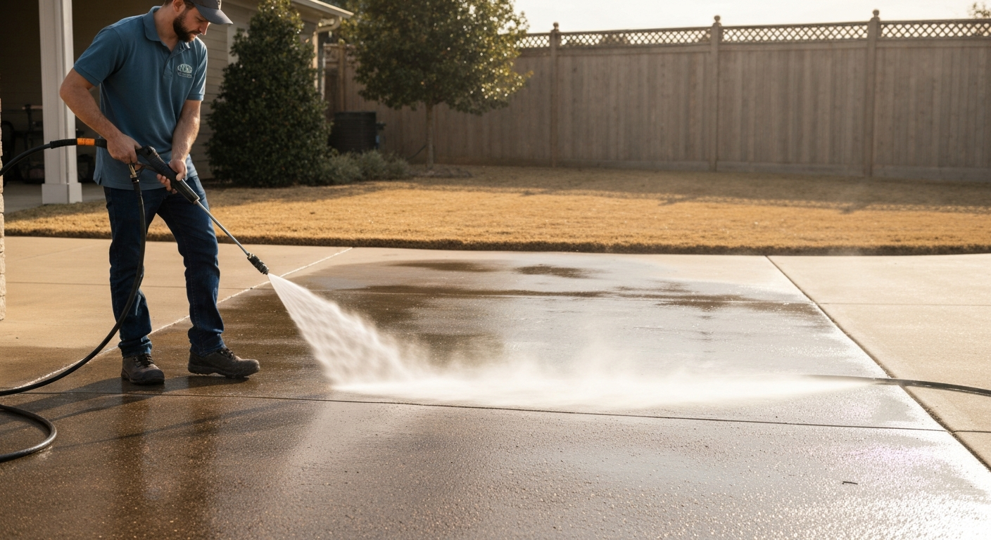 Professional pressure washing a driveway in Oklahoma showing the clean vs dirty contrast