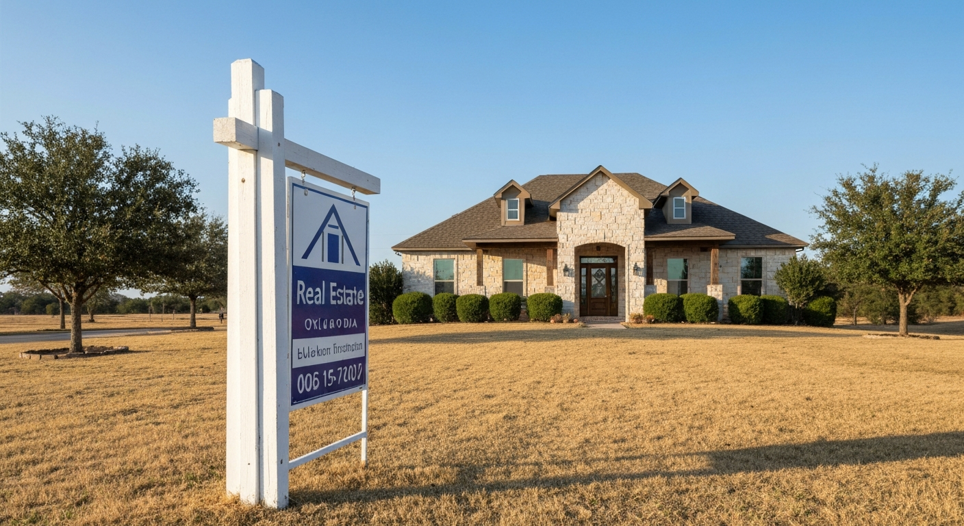 Real estate sign in front of an Oklahoma ranch-style home