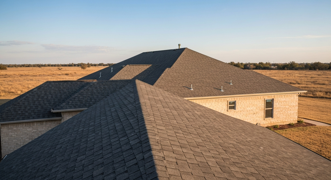 Residential roofing installation on an Oklahoma ranch-style home