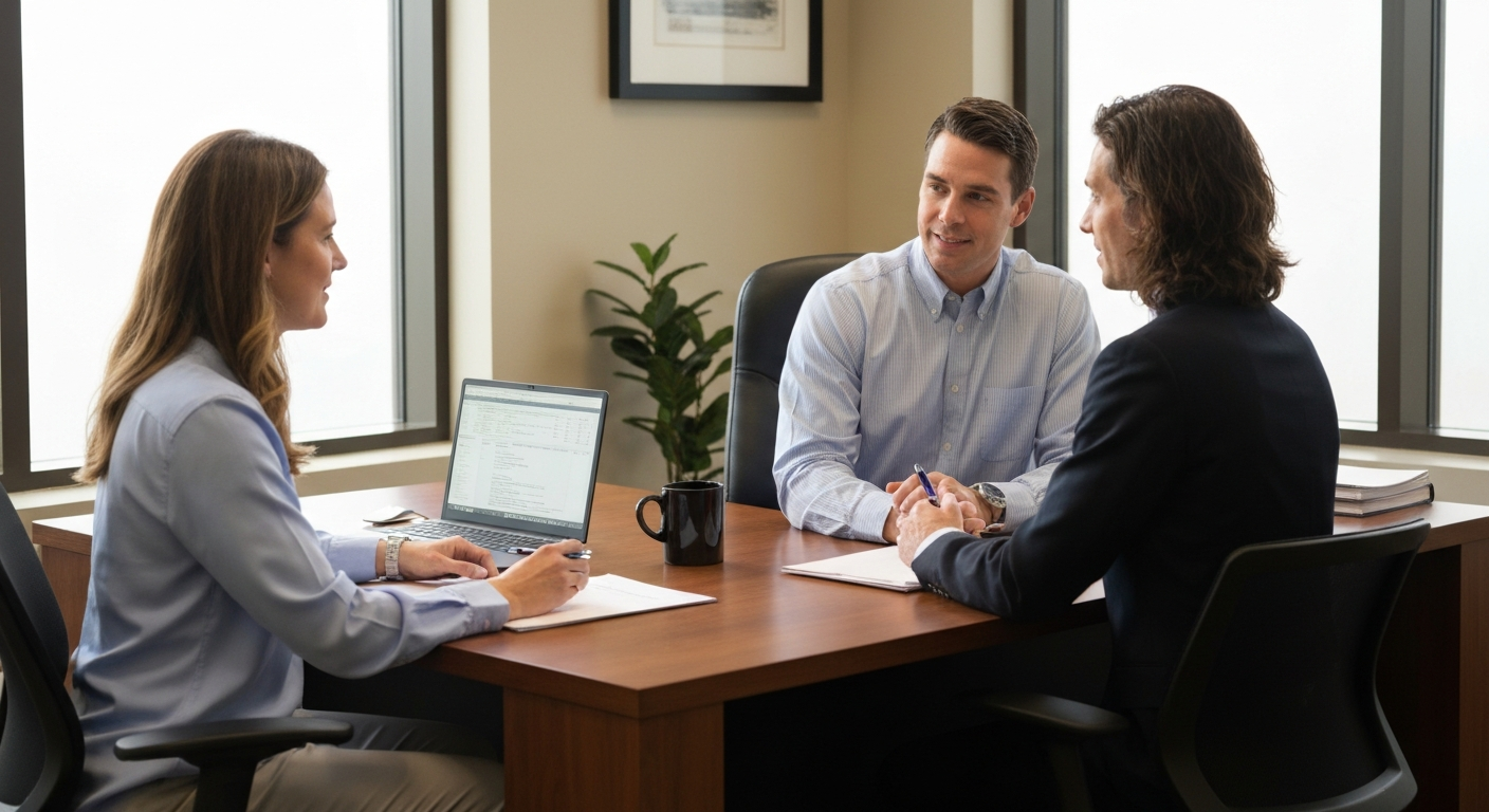 Tax preparer meeting with a client at a professional office desk in Oklahoma