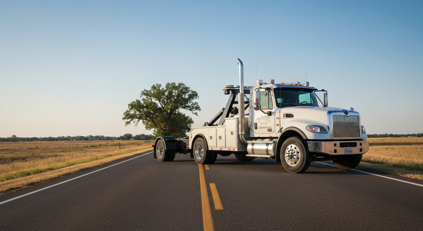 Professional tow truck on an Oklahoma road with open prairie landscape