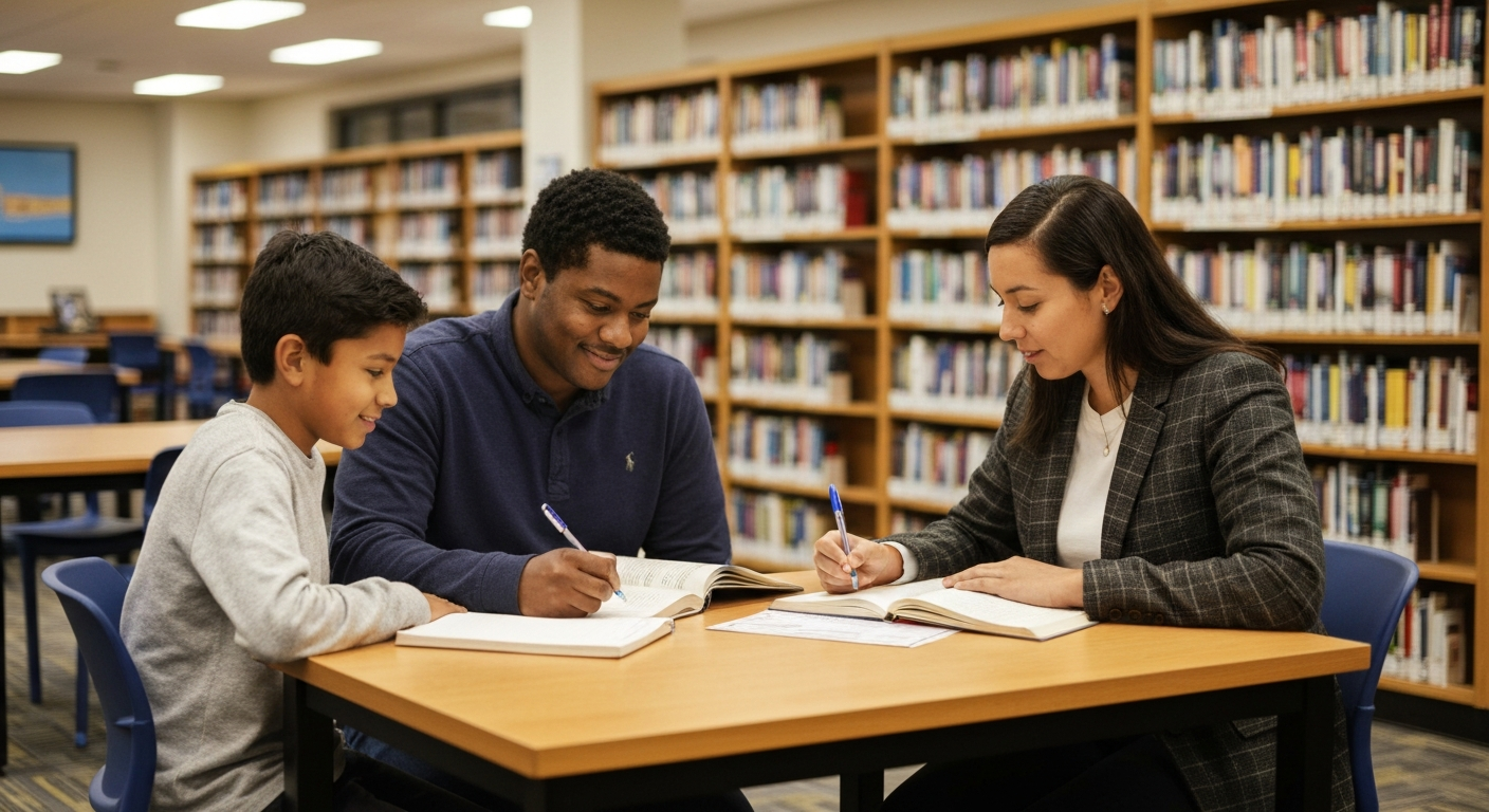 Tutor working one-on-one with a student at a library table in Oklahoma