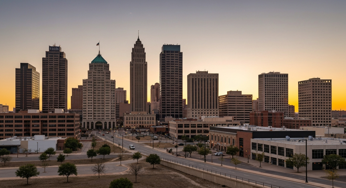 Downtown Oklahoma City skyline at sunset showing the Devon Tower and new development that reflects the city's economic growth for new business owners