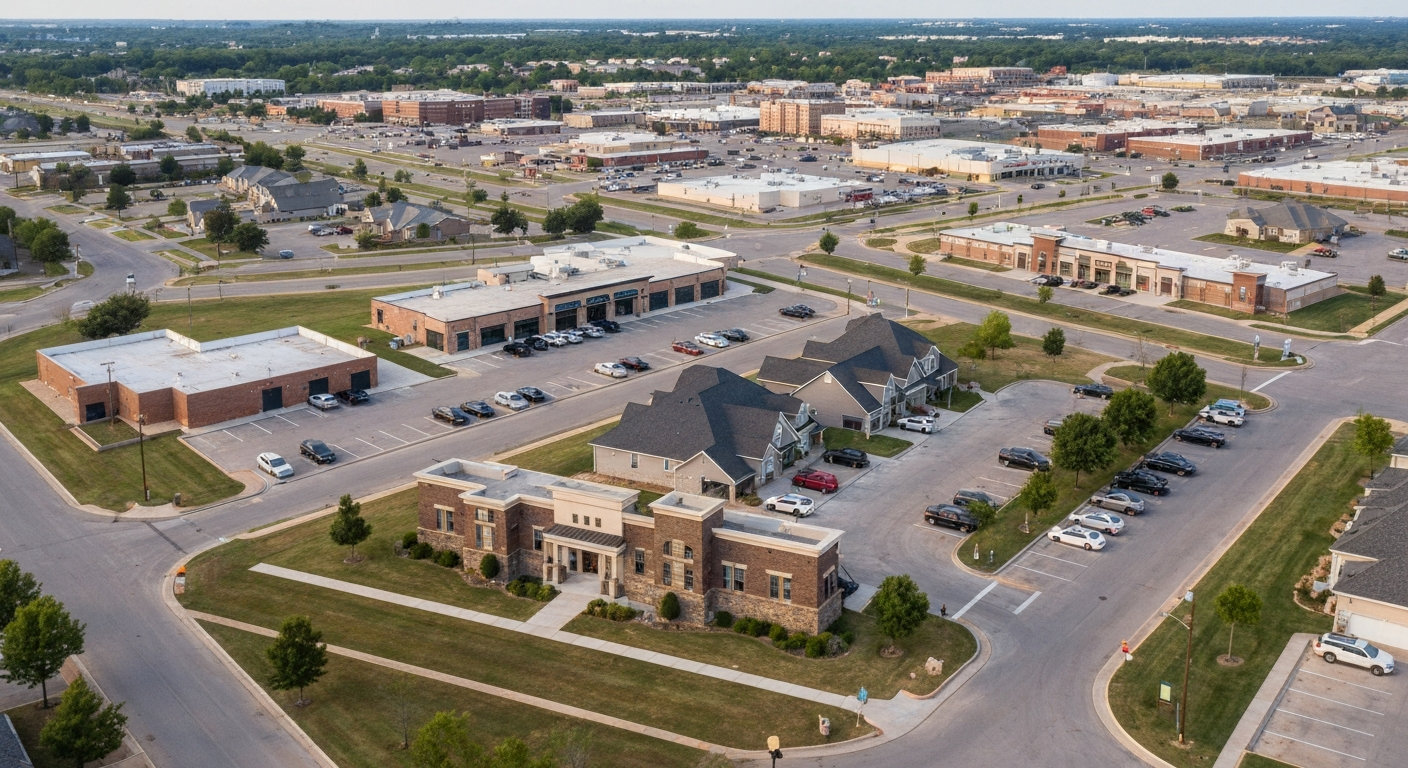 Aerial view of Owasso Oklahoma showing new commercial and residential development