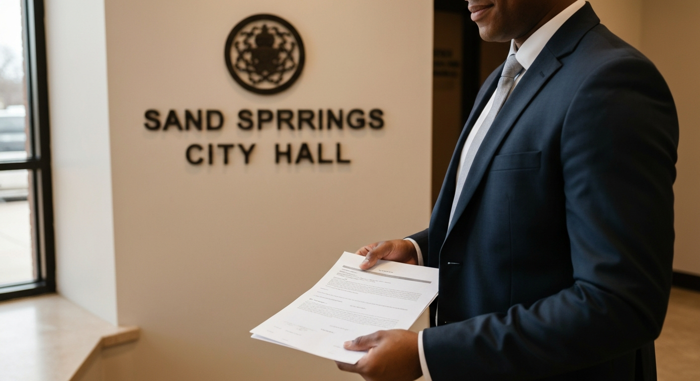 Business owner bringing documents to Sand Springs Oklahoma City Hall for business license application