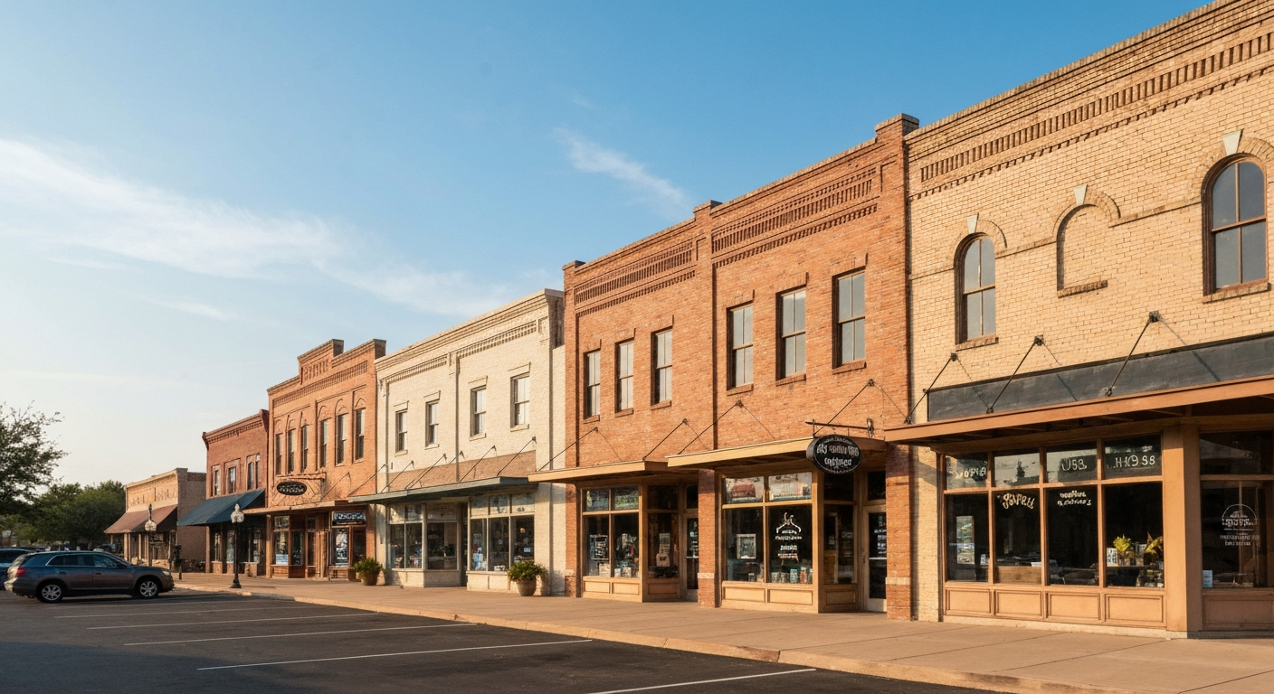 Downtown Sand Springs Oklahoma commercial district showing mix of historic and newer business storefronts